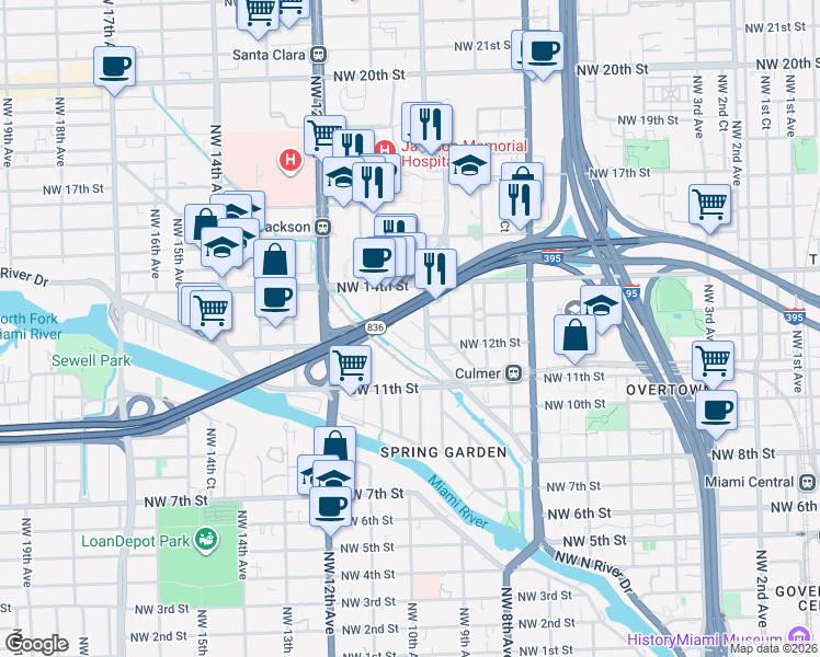 map of restaurants, bars, coffee shops, grocery stores, and more near 1460 Northwest 10th Avenue in Miami