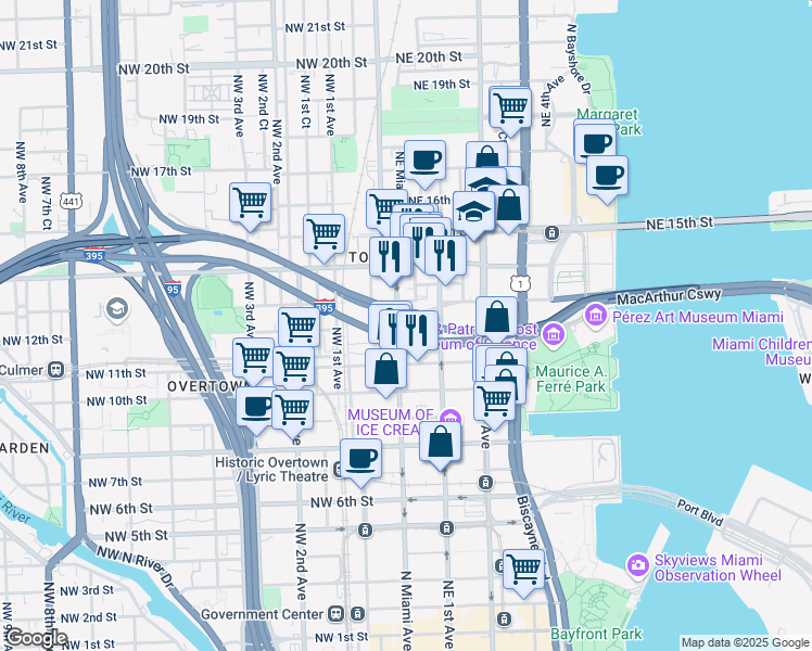 map of restaurants, bars, coffee shops, grocery stores, and more near MacArthur Causeway in Miami