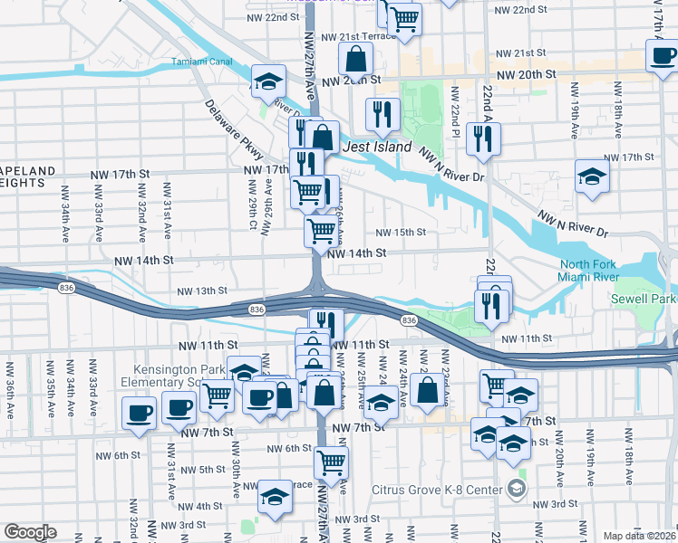 map of restaurants, bars, coffee shops, grocery stores, and more near 2570 Northwest 14th Street in Miami