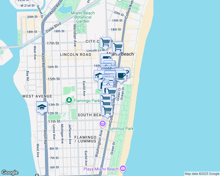 map of restaurants, bars, coffee shops, grocery stores, and more near 1415 Washington Avenue in Miami Beach