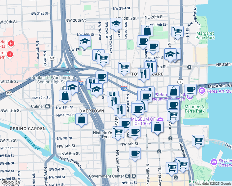 map of restaurants, bars, coffee shops, grocery stores, and more near 1228 Northwest 1st Court in Miami