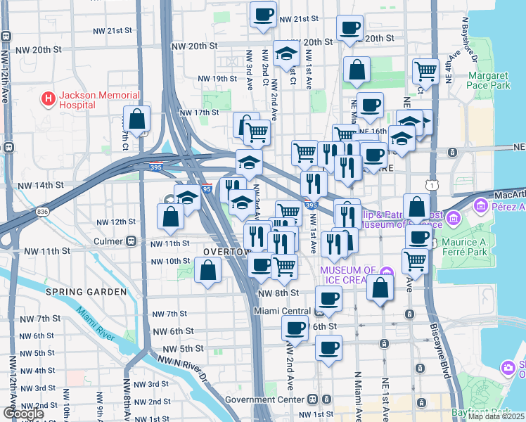 map of restaurants, bars, coffee shops, grocery stores, and more near 220 Northwest 13th Street in Miami