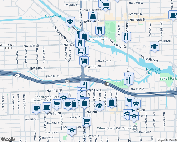 map of restaurants, bars, coffee shops, grocery stores, and more near 2570 Northwest 14th Street in Miami