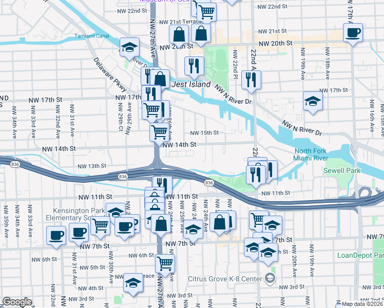 map of restaurants, bars, coffee shops, grocery stores, and more near 2474 Northwest 14th Street in Miami