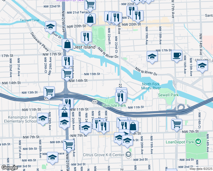 map of restaurants, bars, coffee shops, grocery stores, and more near 2300 Northwest 14th Street in Miami