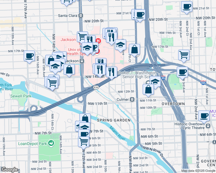 map of restaurants, bars, coffee shops, grocery stores, and more near 1460 Northwest 10th Avenue in Miami