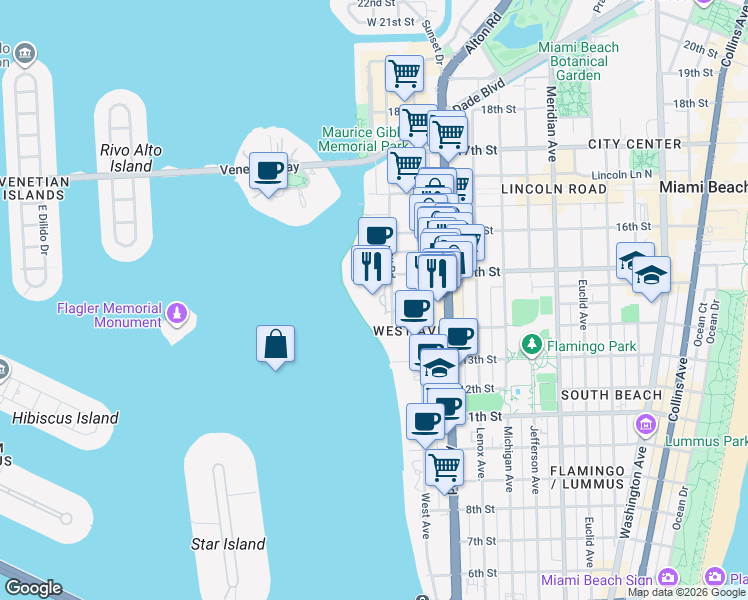 map of restaurants, bars, coffee shops, grocery stores, and more near 1500 Bay Road in Miami Beach