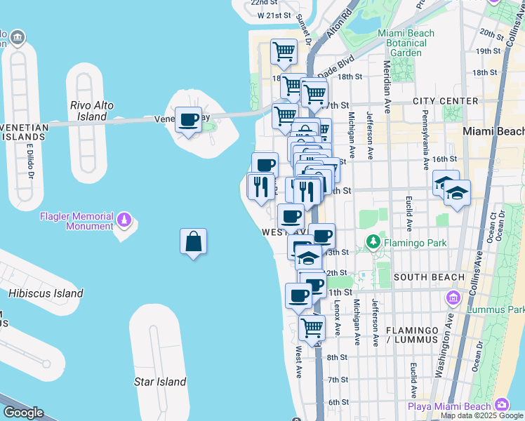 map of restaurants, bars, coffee shops, grocery stores, and more near 1500 Bay Road in Miami Beach