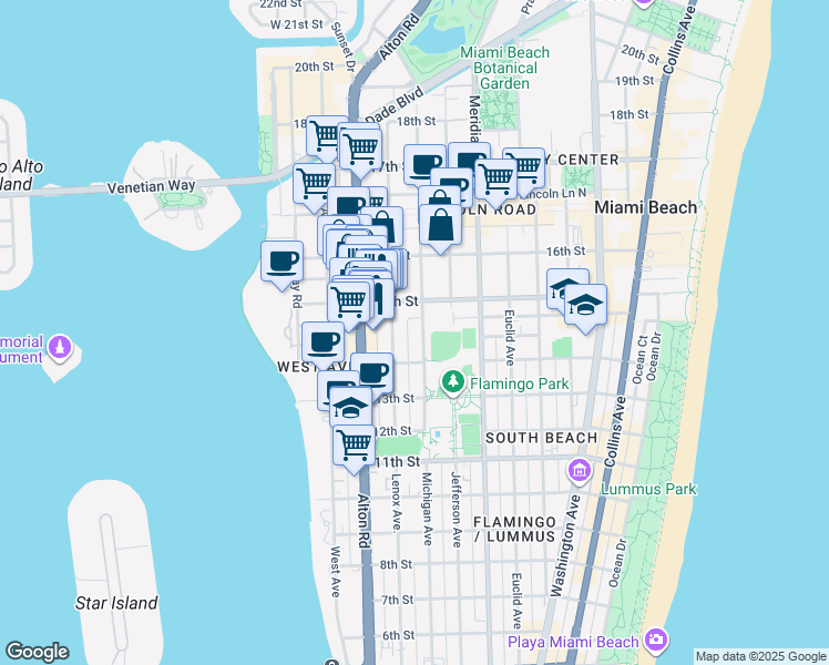 map of restaurants, bars, coffee shops, grocery stores, and more near 1432 Michigan Avenue in Miami Beach