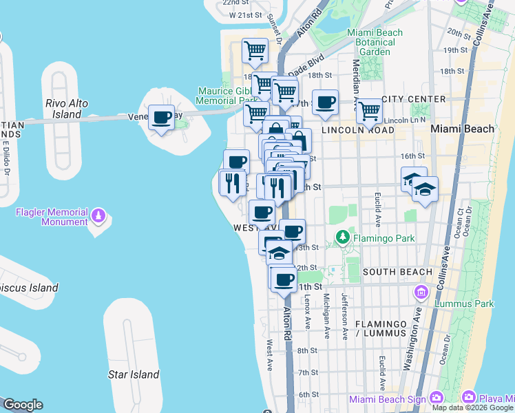 map of restaurants, bars, coffee shops, grocery stores, and more near 1428 Bay Road in Miami Beach