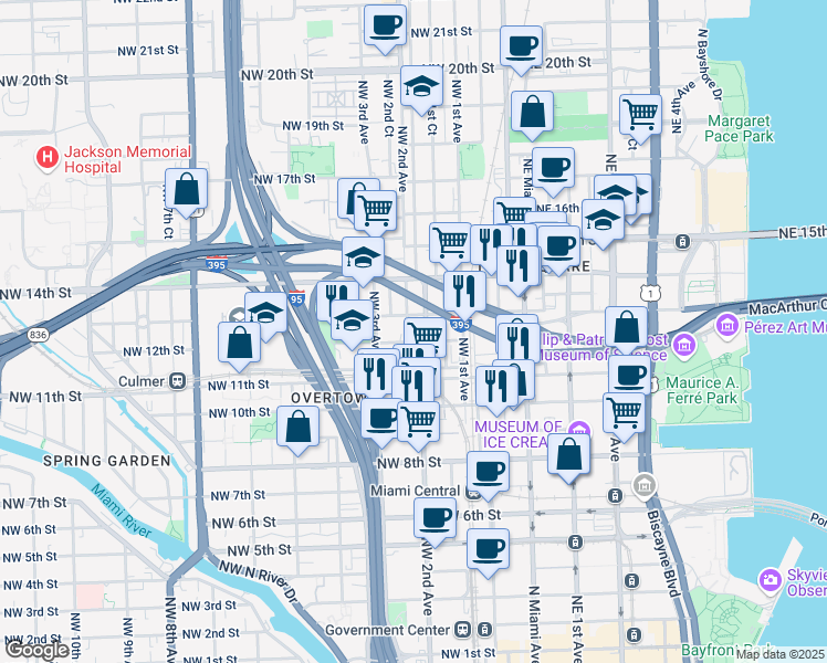 map of restaurants, bars, coffee shops, grocery stores, and more near 220 Northwest 13th Street in Miami