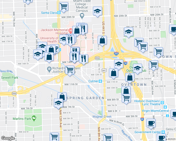 map of restaurants, bars, coffee shops, grocery stores, and more near 1248 Northwest 8th Court in Miami