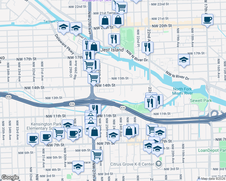 map of restaurants, bars, coffee shops, grocery stores, and more near 2474 Northwest 14th Street in Miami