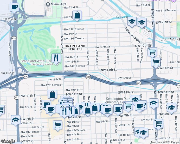 map of restaurants, bars, coffee shops, grocery stores, and more near 3400 Northwest 14th Street in Miami
