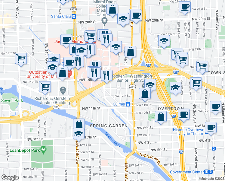 map of restaurants, bars, coffee shops, grocery stores, and more near 1235 Northwest 9th Avenue in Miami