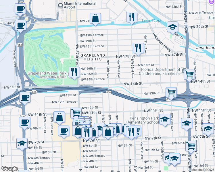 map of restaurants, bars, coffee shops, grocery stores, and more near 3400 Northwest 14th Street in Miami
