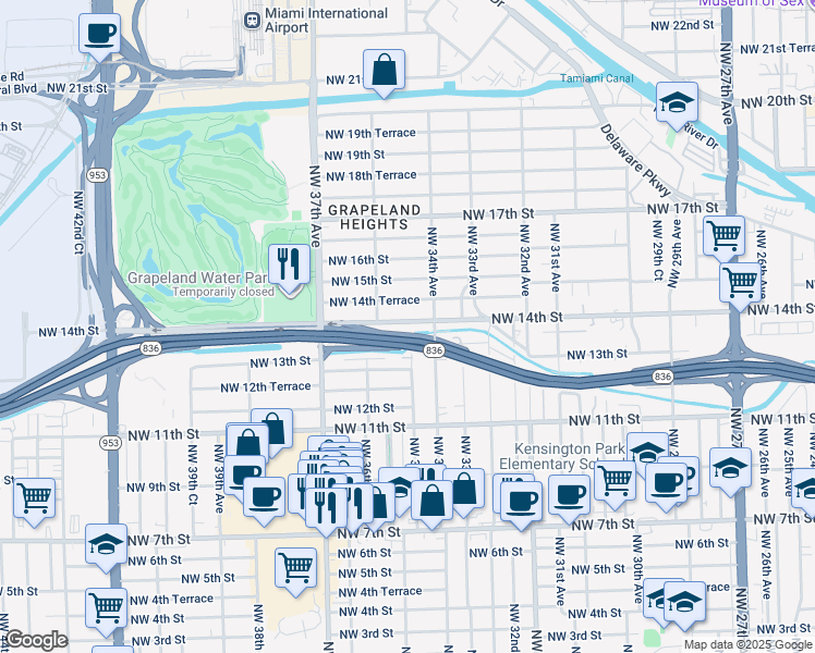 map of restaurants, bars, coffee shops, grocery stores, and more near 3555 Northwest 14th Street in Miami