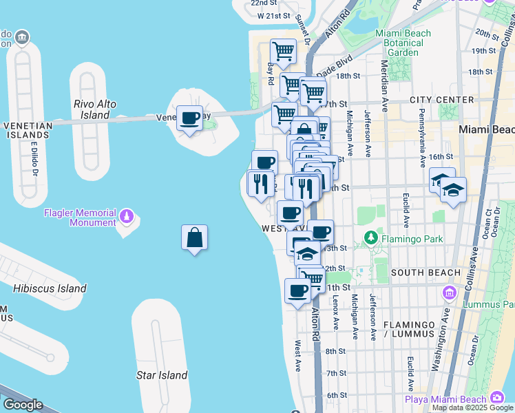 map of restaurants, bars, coffee shops, grocery stores, and more near 1500 Bay Road in Miami Beach