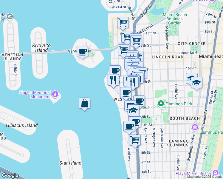 map of restaurants, bars, coffee shops, grocery stores, and more near 1500 Bay Road in Miami Beach