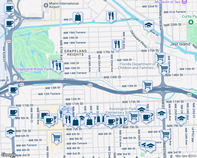 map of restaurants, bars, coffee shops, grocery stores, and more near 3324 Northwest 14th Street in Miami