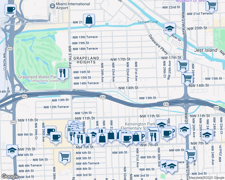 map of restaurants, bars, coffee shops, grocery stores, and more near 3324 Northwest 14th Street in Miami