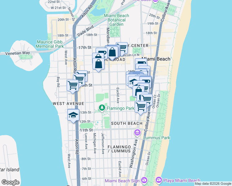 map of restaurants, bars, coffee shops, grocery stores, and more near 735 14th Place in Miami Beach