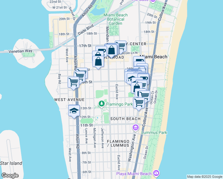 map of restaurants, bars, coffee shops, grocery stores, and more near 735 14th Place in Miami Beach