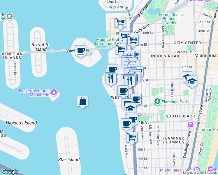 map of restaurants, bars, coffee shops, grocery stores, and more near 1500 Bay Road in Miami Beach