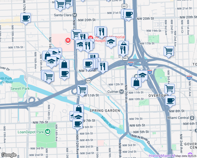 map of restaurants, bars, coffee shops, grocery stores, and more near 1460 Northwest 10th Avenue in Miami