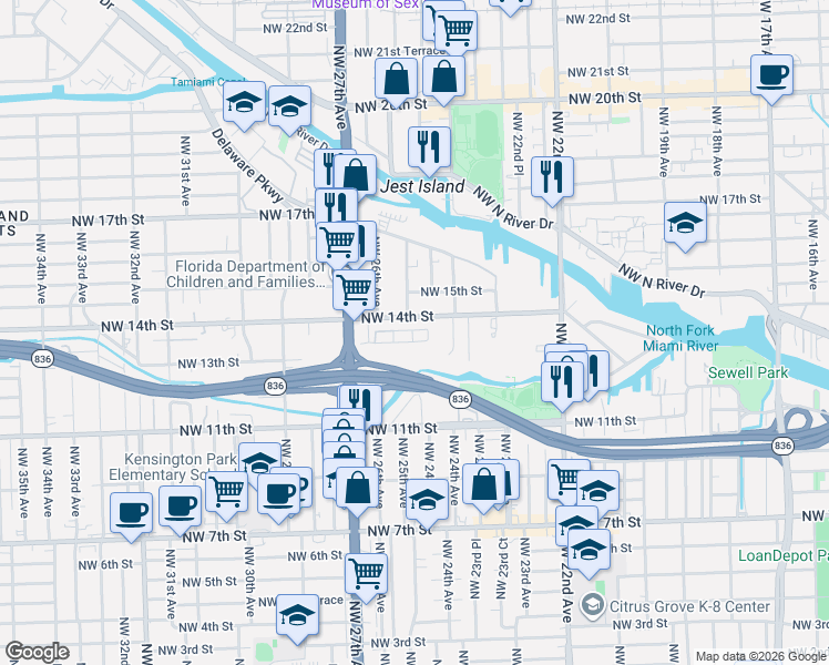 map of restaurants, bars, coffee shops, grocery stores, and more near 2474 Northwest 14th Street in Miami