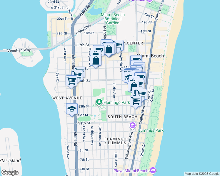map of restaurants, bars, coffee shops, grocery stores, and more near 735 14th Place in Miami Beach