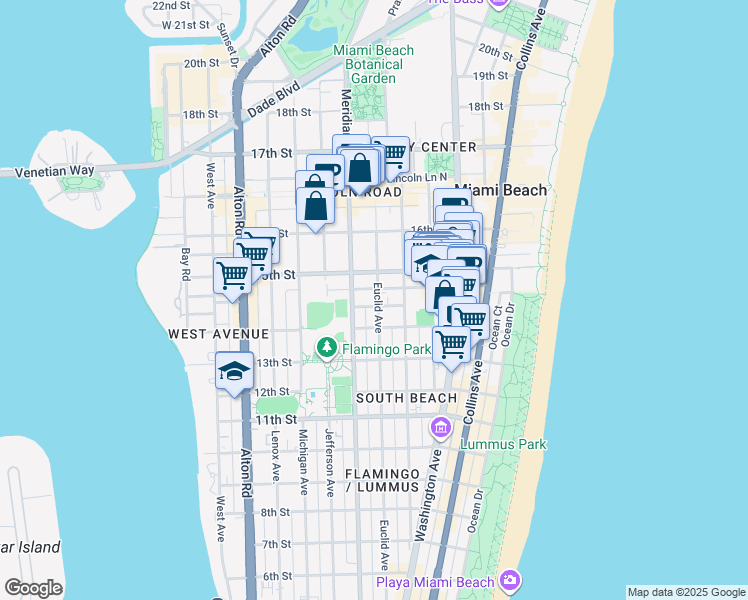 map of restaurants, bars, coffee shops, grocery stores, and more near 735 14th Place in Miami Beach