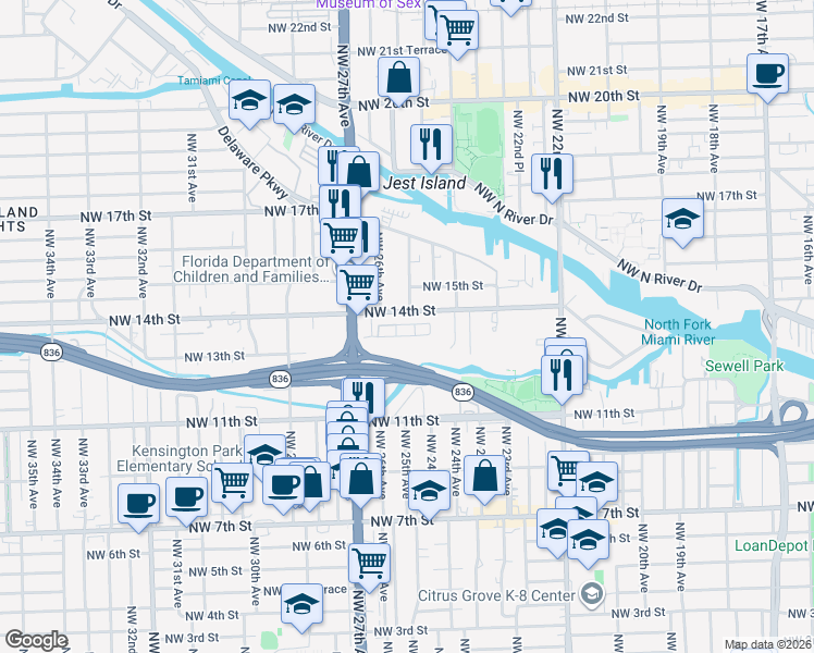 map of restaurants, bars, coffee shops, grocery stores, and more near 2570 Northwest 14th Street in Miami
