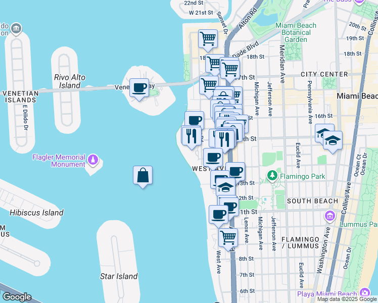 map of restaurants, bars, coffee shops, grocery stores, and more near 1500 Bay Road in Miami Beach
