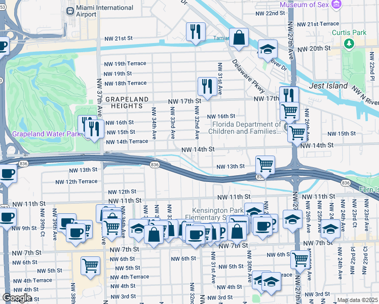 map of restaurants, bars, coffee shops, grocery stores, and more near 3232 Northwest 14th Street in Miami