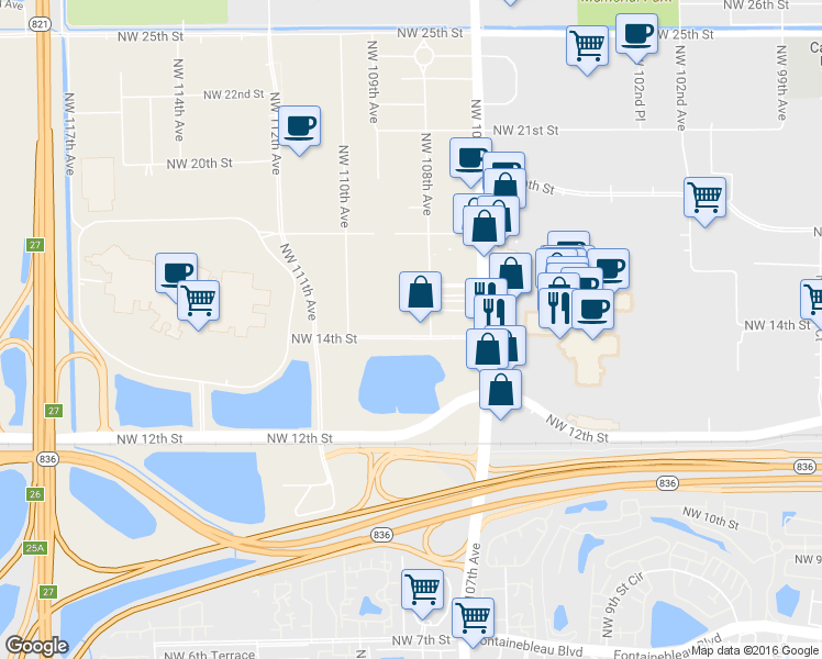 map of restaurants, bars, coffee shops, grocery stores, and more near 10811 Northwest 14th Street in Miami