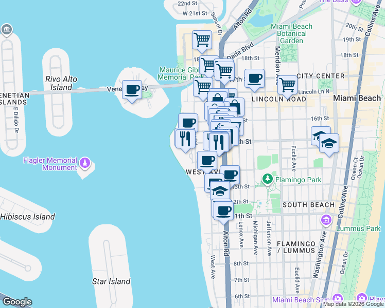 map of restaurants, bars, coffee shops, grocery stores, and more near 1426 Bay Road in Miami Beach