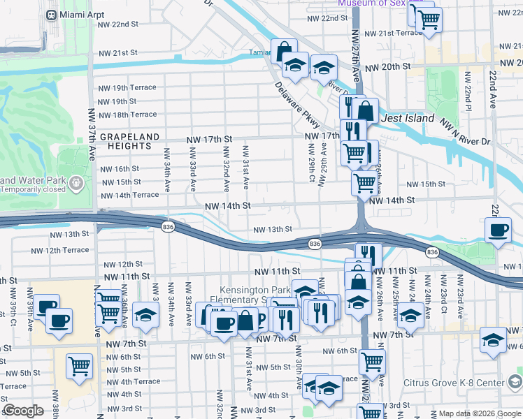 map of restaurants, bars, coffee shops, grocery stores, and more near 3070 Northwest 14th Street in Miami