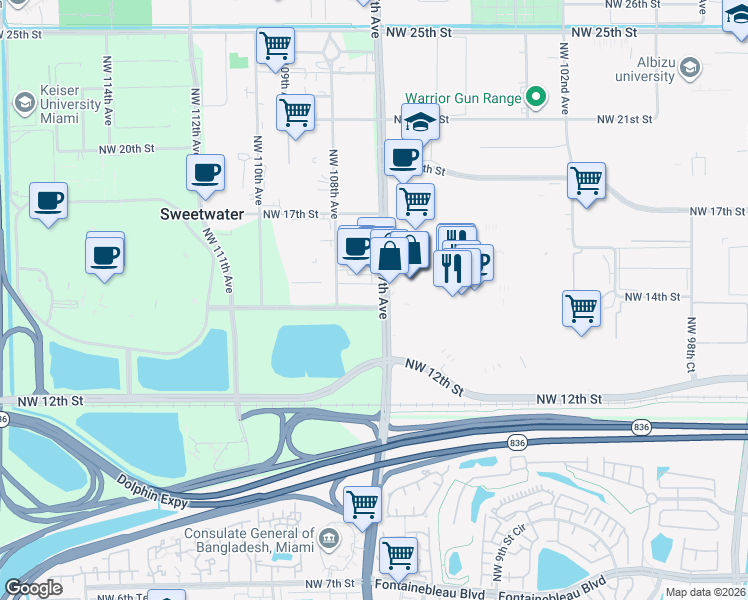map of restaurants, bars, coffee shops, grocery stores, and more near 1400 Northwest 107th Avenue in Miami
