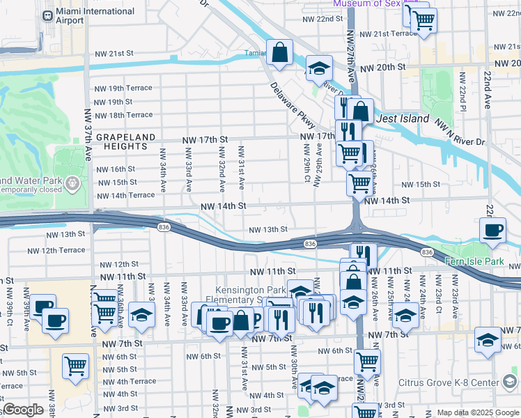 map of restaurants, bars, coffee shops, grocery stores, and more near 3070 Northwest 14th Street in Miami