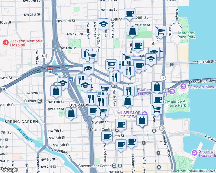 map of restaurants, bars, coffee shops, grocery stores, and more near 1228 Northwest 1st Court in Miami