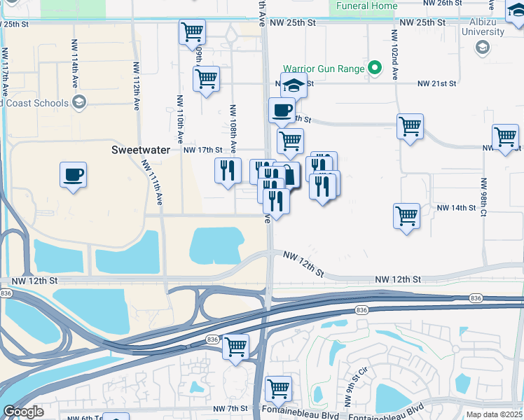 map of restaurants, bars, coffee shops, grocery stores, and more near 1400 Northwest 107th Avenue in Miami