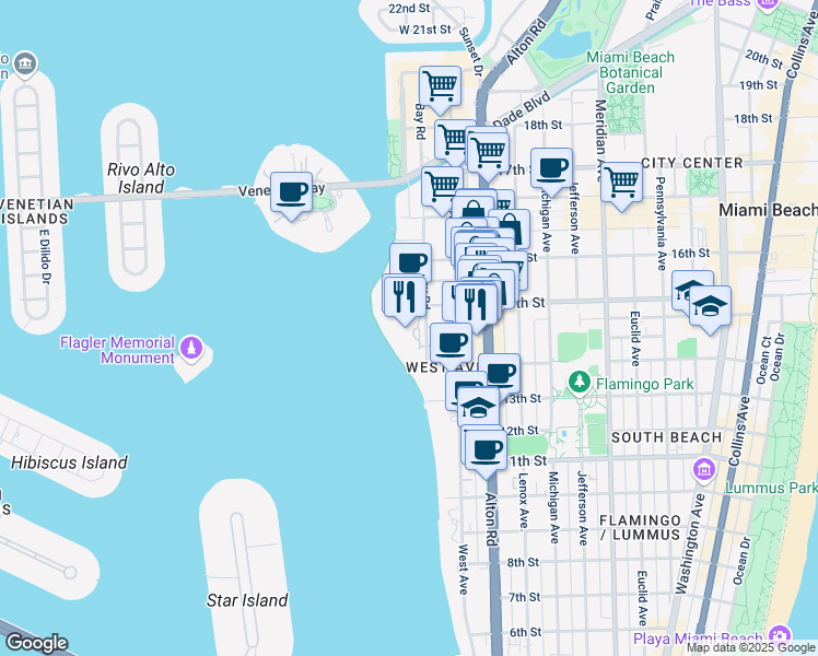 map of restaurants, bars, coffee shops, grocery stores, and more near 1428 Bay Road in Miami Beach