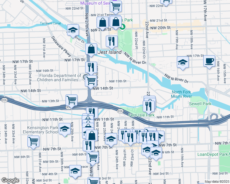 map of restaurants, bars, coffee shops, grocery stores, and more near 2474 Northwest 14th Street in Miami