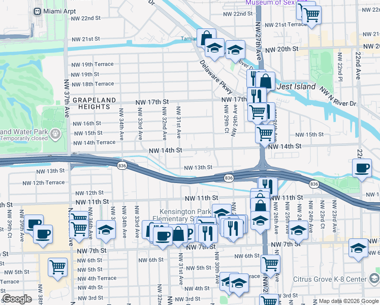map of restaurants, bars, coffee shops, grocery stores, and more near 3070 Northwest 14th Street in Miami