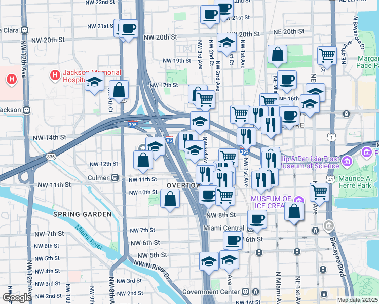 map of restaurants, bars, coffee shops, grocery stores, and more near 350 Northwest 13th Street in Miami