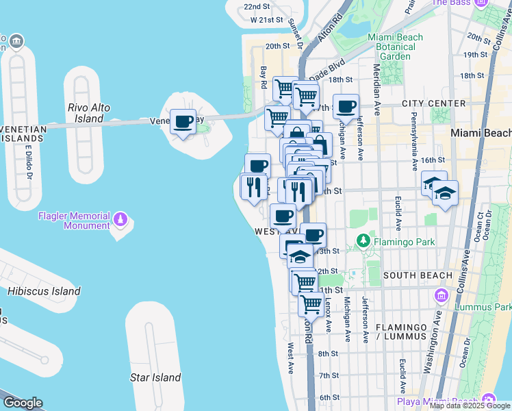map of restaurants, bars, coffee shops, grocery stores, and more near 1428 Bay Road in Miami Beach