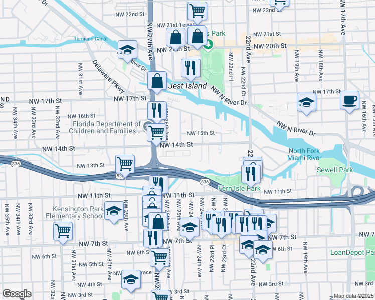 map of restaurants, bars, coffee shops, grocery stores, and more near 2474 Northwest 14th Street in Miami