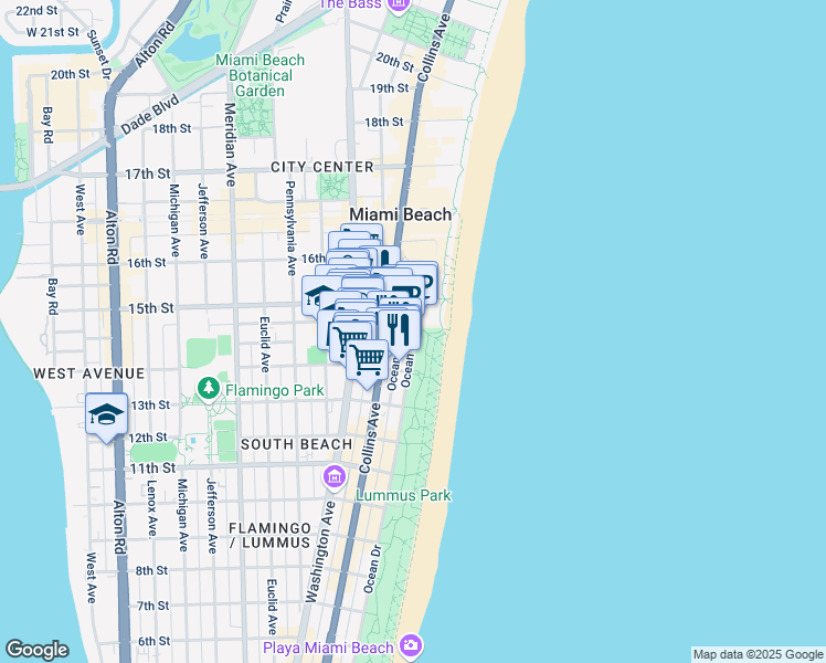 map of restaurants, bars, coffee shops, grocery stores, and more near 1445 Ocean Drive in Miami Beach