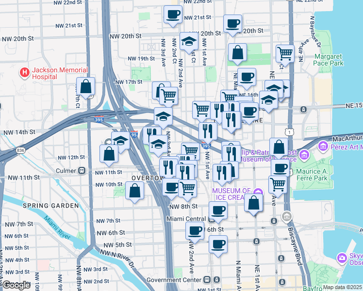 map of restaurants, bars, coffee shops, grocery stores, and more near 220 Northwest 13th Street in Miami